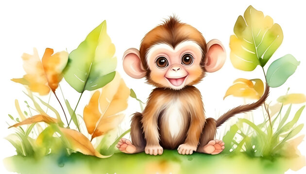 A watercolor painting of a baby monkey sitting on grass with colorful leaves in the background.