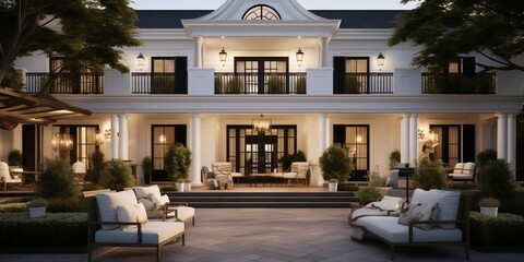 A stunning Colonial house exterior leading to a modern living room sanctuary, with clean lines, minimalist decor, and luxurious furnishings, all skillfully depicted in a captivating 3D visualization.