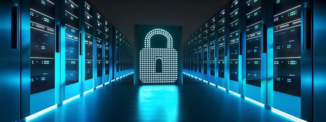 Lock in the center of data storage. Concept of data security, cybersecurity, cyber defense.