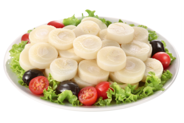 prato com salada de palmito, alface, tomate e azeitona isolado em fundo transparente