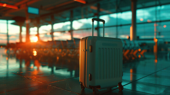 An image showcasing a suitcase at dusk, capturing the bustling atmosphere of the airport