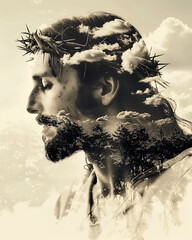 Double exposure image of Jesus Christ in the crown of thorns
