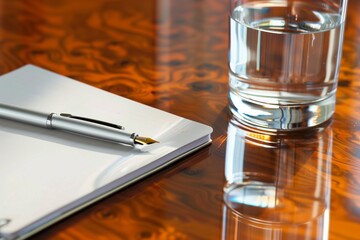 closeup of a notepad, pen, and glass of water on a polished wooden table - 769867221