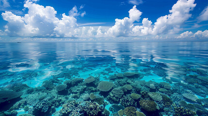 Underwater landscape with clear blue sky.