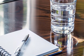 closeup of a notepad, pen, and glass of water on a polished wooden table - 769867245