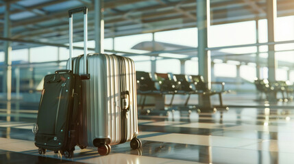 A sleek silver suitcase stands before rows of empty seats in a deserted airport, symbolic of travel and isolation