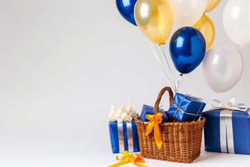 wicker basket with gifts and balloons against a light background