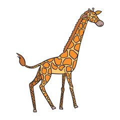 Colorful cartoon giraffe with playful spots, standing tall, illustrated in a cheerful style ideal for children's educational materials and decor