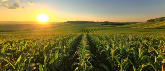 Golden sunrise illuminating a vast cornfield, creating long shadows and highlighting the textures of the crops against a clear sky. - obrazy, fototapety, plakaty