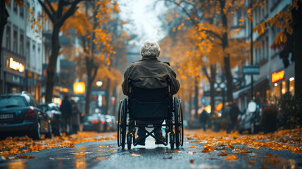 A disabled man in a wheelchair in traffic - obrazy, fototapety, plakaty