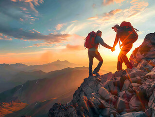 Teamwork Triumphs: Reaching the Peak Together - obrazy, fototapety, plakaty