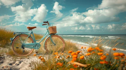 Poster On vacation with a bike. A parked bicycle on the beach by the sea. © senadesign