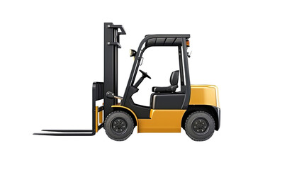 A yellow forklift on white or transparent background. PNG.