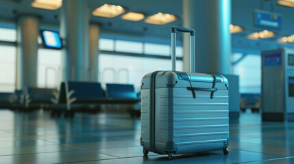 Fototapeta premium A sleek silver suitcase propped next to a row of empty blue seats in a tranquil airport waiting area