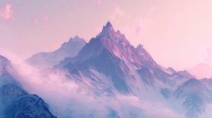 Surreal pink skies embrace majestic snowy peaks in a breathtaking mountain vista.