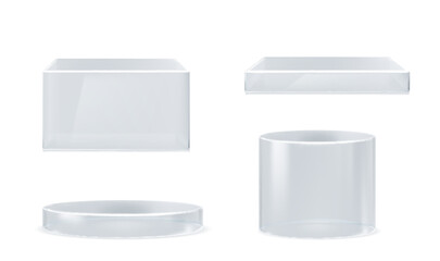 3D cylinder and cube glass platforms set isolated on white background. Vector realistic illustration of transparent plastic round and square podiums, product presentation stand, pedestal mockups