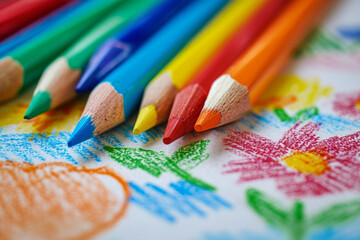 Obraz premium A bunch of colored pencils are on a white background with a drawing of flowers. The pencils are arranged in a row, with the green one in the middle and the red one on the right