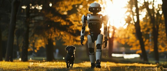 A humanoid robot takes a leisurely walk with a black dog through a park bathed in the golden light of an autumn sunset. - obrazy, fototapety, plakaty