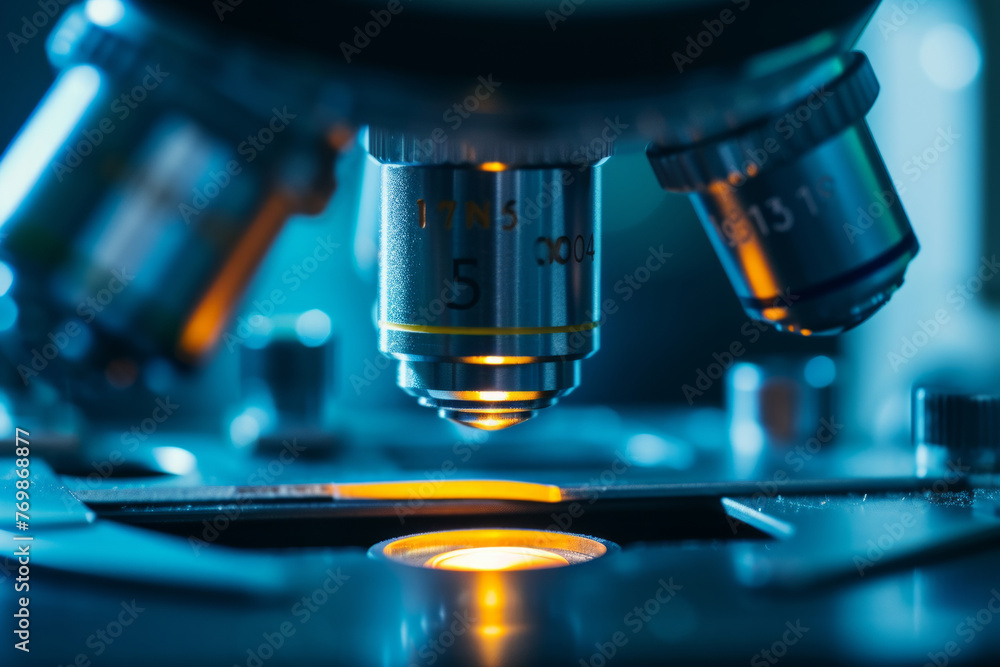 Poster a microscope with a lens that has the letters 
