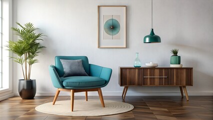 Mid Century Modern Living Room, Wooden Chair with Teal Cushion Against White Wall with Art Poster Frame