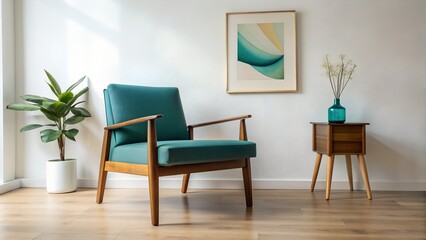 Mid Century Modern Living Room, Wooden Chair with Teal Cushion Against White Wall with Art Poster Frame