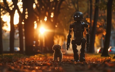 An advanced robot walks a small, shaggy dog down a leaf-strewn path, highlighted by the sunset's radiance filtering through autumn trees.