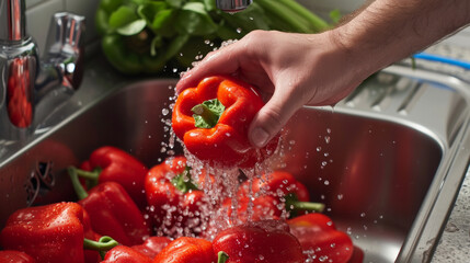 A person is washing a bunch of red peppers in a sink. Concept of freshness and cleanliness, as the peppers are being washed thoroughly - Powered by Adobe