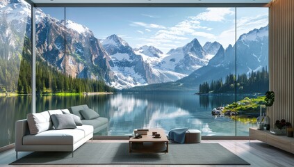 Living room interior design, glass window view of snow mountains and forest lake landscape in winter