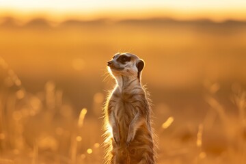 meerkat standing alert, sun setting in savanna