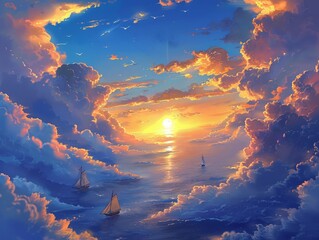 A paradox where the ocean meets the sky, and boats sail among the clouds against a backdrop of a setting sun