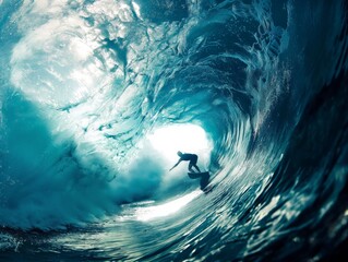 A surfer is silhouetted against the light, skillfully navigating the curl of a massive turquoise wave