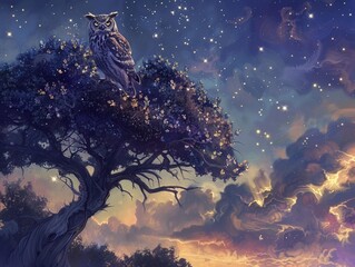 An enigmatic creature, a blend of owl and wolf, perched atop an anomaly a tree that blooms with stars under a twilight sky