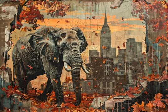 Autumn decay, elephant roaming through rusting cities, pointillism, vibrant oranges amidst the remnants of a fallen society