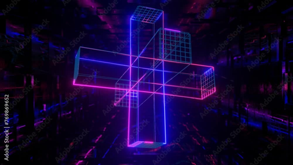 Poster 3d object or structure rotates and moves inside glass mirror tunnel with neon light, bright reflecti