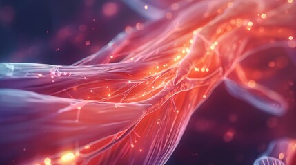 Intricate view inside muscle, capillaries highlighted, angled shot, soft glow, realistic colors