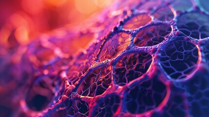 Intricate capillary network around muscle, detailed view, macro lens, vibrant colors - obrazy, fototapety, plakaty