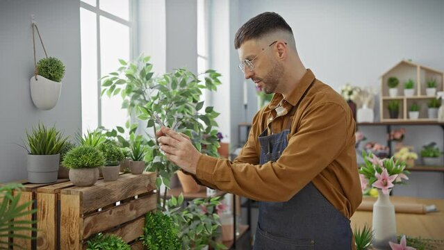 Handsome young hispanic man with beard photographing plants indoors at a cozy plant shop.