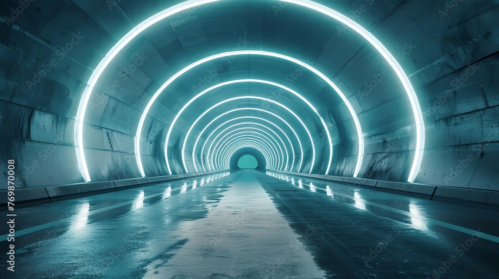 Poster futuristic 3d architectural tunnel on highway with empty asphalt road, digital rendering