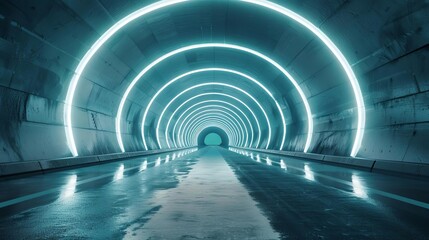 Futuristic 3D Architectural Tunnel on Highway with Empty Asphalt Road, Digital Rendering