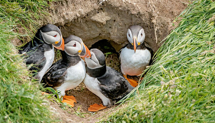 Common puffins (fratercula arctica) at the entrance to burrows.