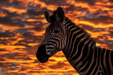 zebra standing still, fiery sunset hues