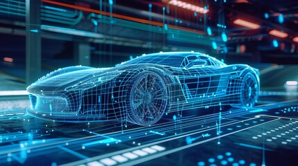 Futuristic car wireframe concept, augmented reality vehicle design with blue digital interface background