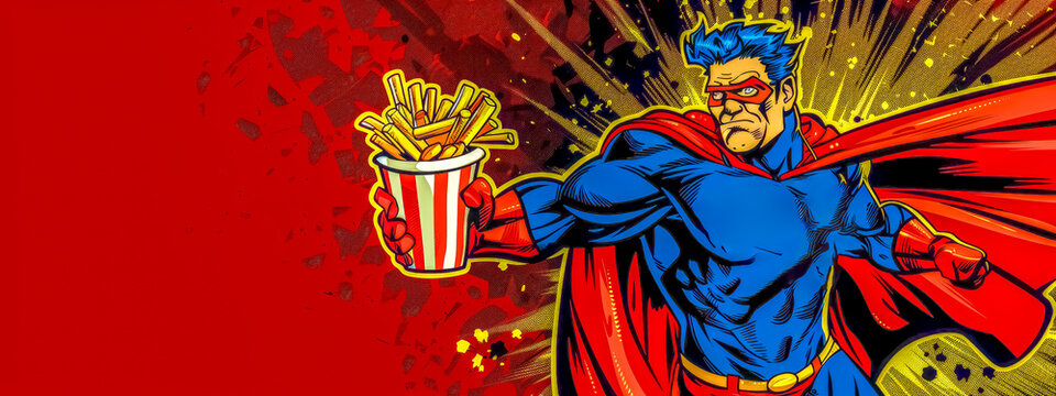 Superhero with snack on dynamic background