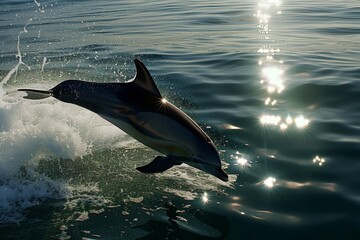 dolphin leaping, sun reflecting off ocean