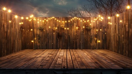 an outdoor party or event with a wooden fence adorned with string lights in the background, and a wooden stage, offering ample copy space for event details or festive messages.