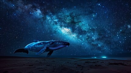 big glowing whale swimming in the night sky in Milky Way.