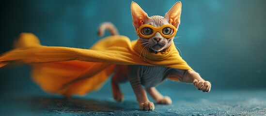 Donskoy cat in yellow cape and goggles, looking cute with whiskers
