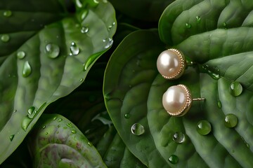 pearl earrings resting on a leaf with dewdrops - 769871088