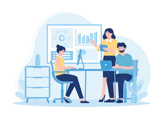 Male and female company financial analysis working together concept flat illustration