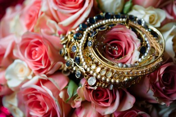 bracelets and necklaces draped over a rose bouquet - 769871262